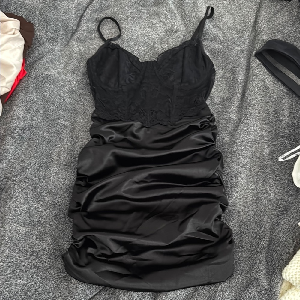 Black Ruched Spaghetti Strap Mini Dress